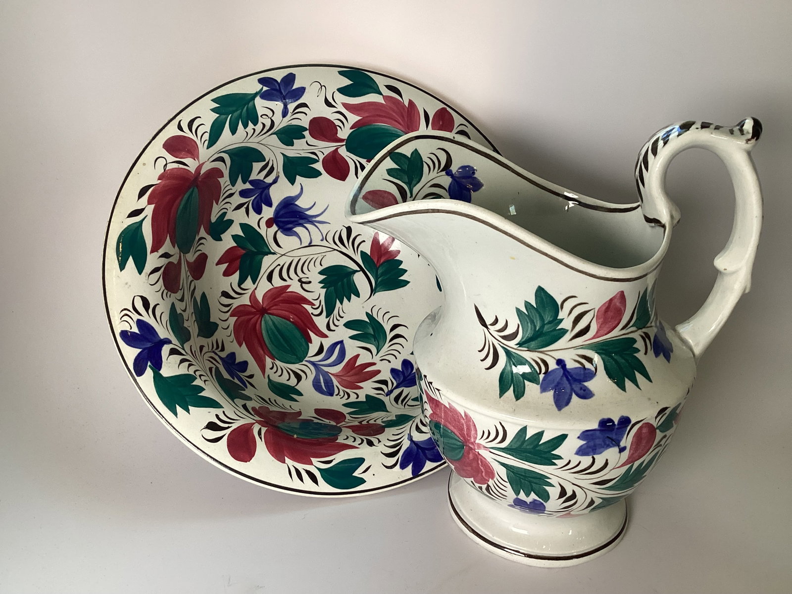 Early English Staffordshire Polychrome Decorated Wash Basin and Pitcher (1 of 3)