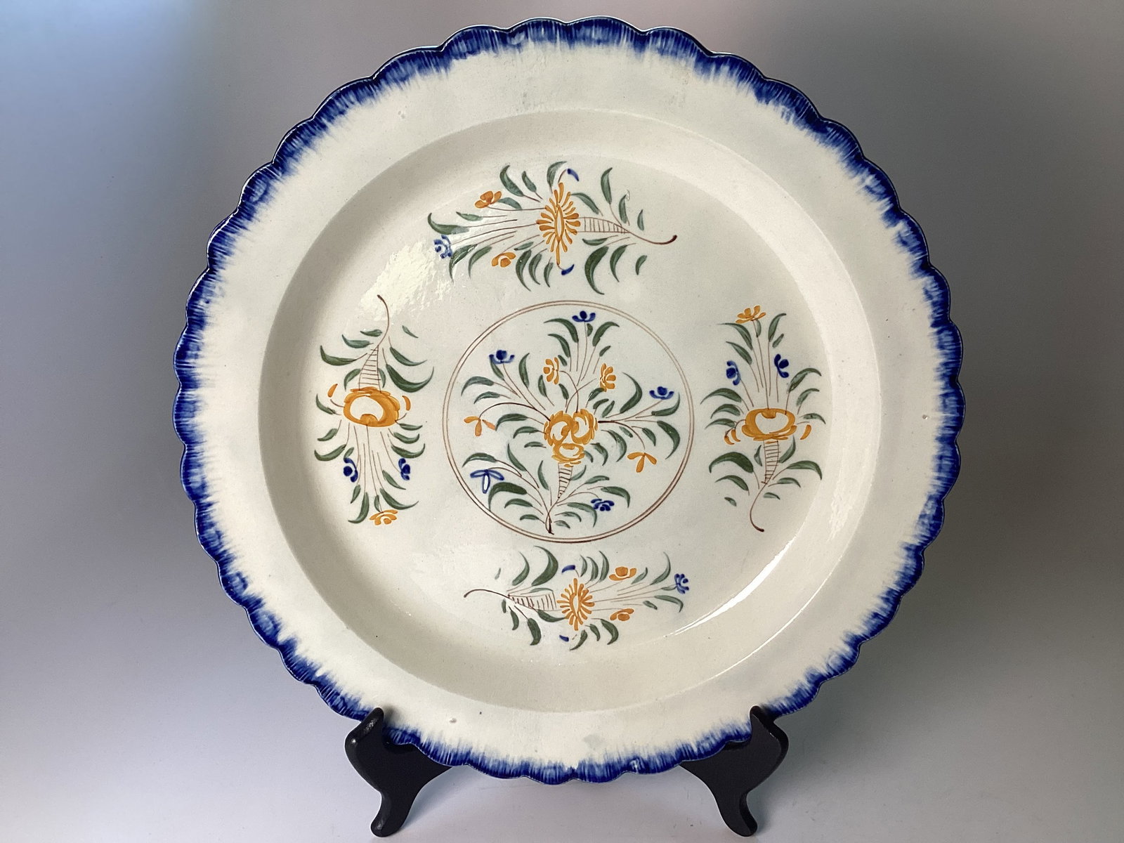 English Pearlware Blue Feather Edge Polychrome Decorated Charger (1 of 2)