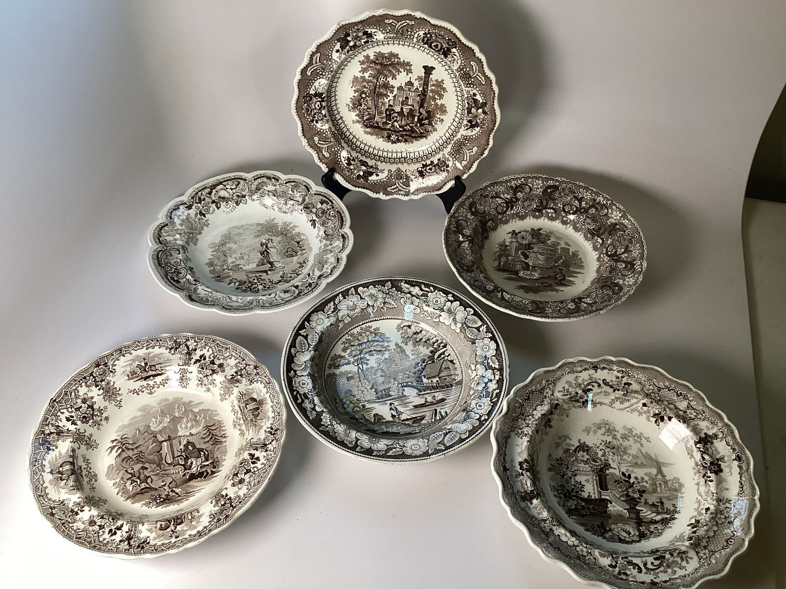6 English Staffordshire Brown Transferware Assorted Soup Bowls (1 of 8)