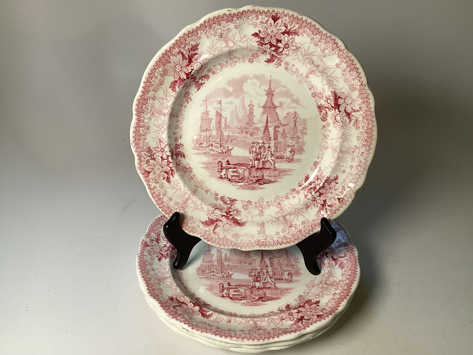 Set 4 English Staffordshire Red Transferware 9" Plates (1 of 3)