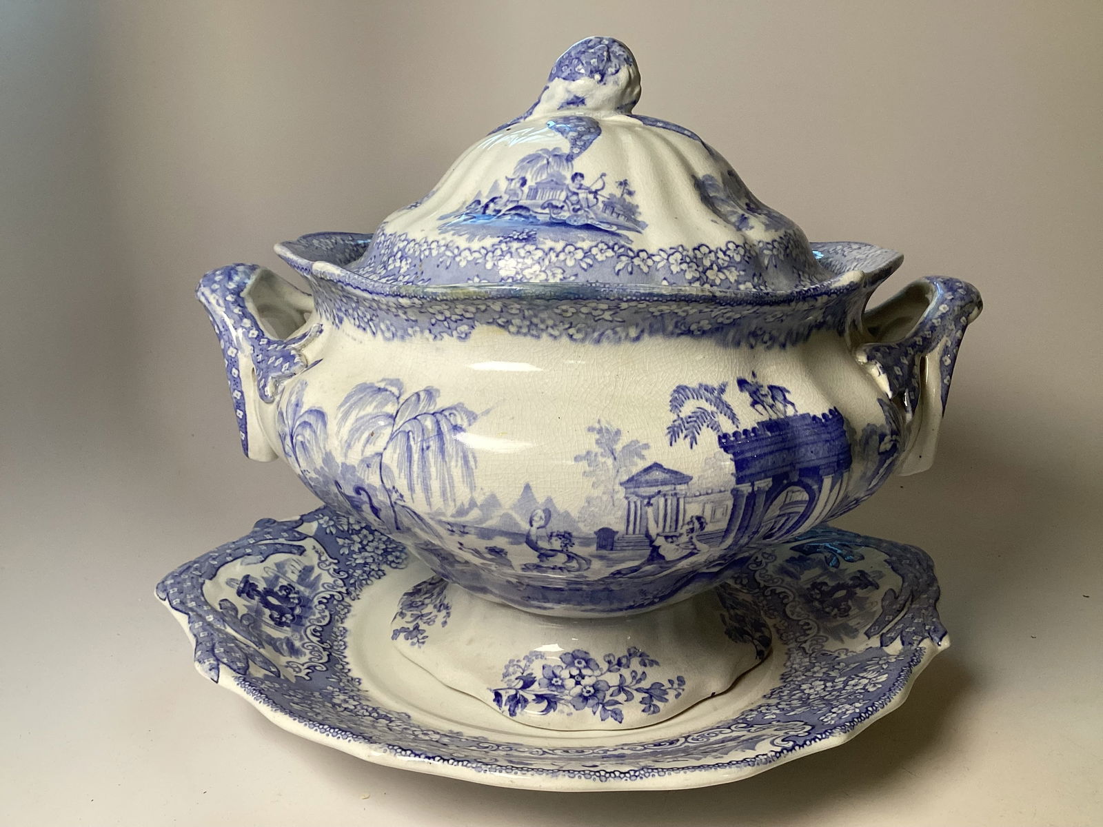 Large English Staffordshire Blue Transferware Soup Tureen on Stand (1 of 5)