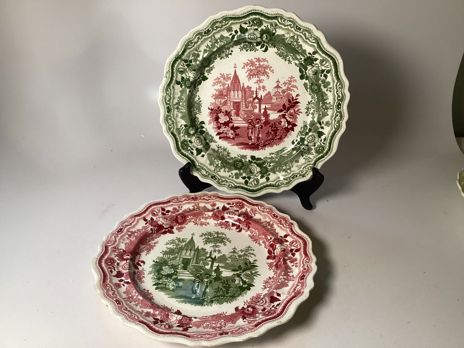 2 Adams Pink and Green Bicolored Transferware Staffordshire Dinner Plates (1 of 2)