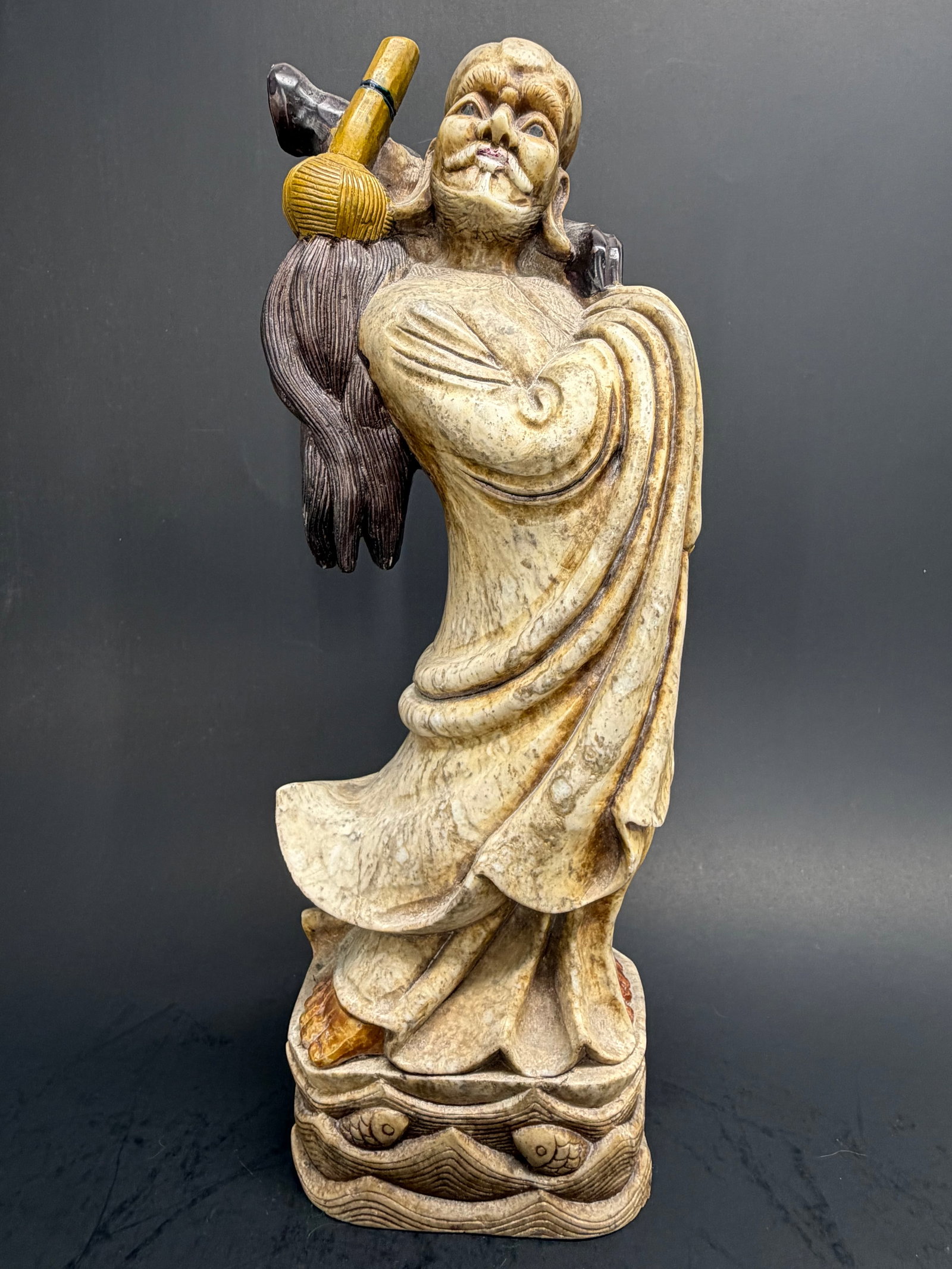 Chinese 19th Century Stone carving of Crossing the River Luohan: Dharma Zen Master: In Chinese Buddhism, the Crossing The River Luohan (Guojiang Luohan) refers to the Arhat Bhadra, who is legendary for his ability to effortlessly cross, rivers and traverse the seas while meditating. 