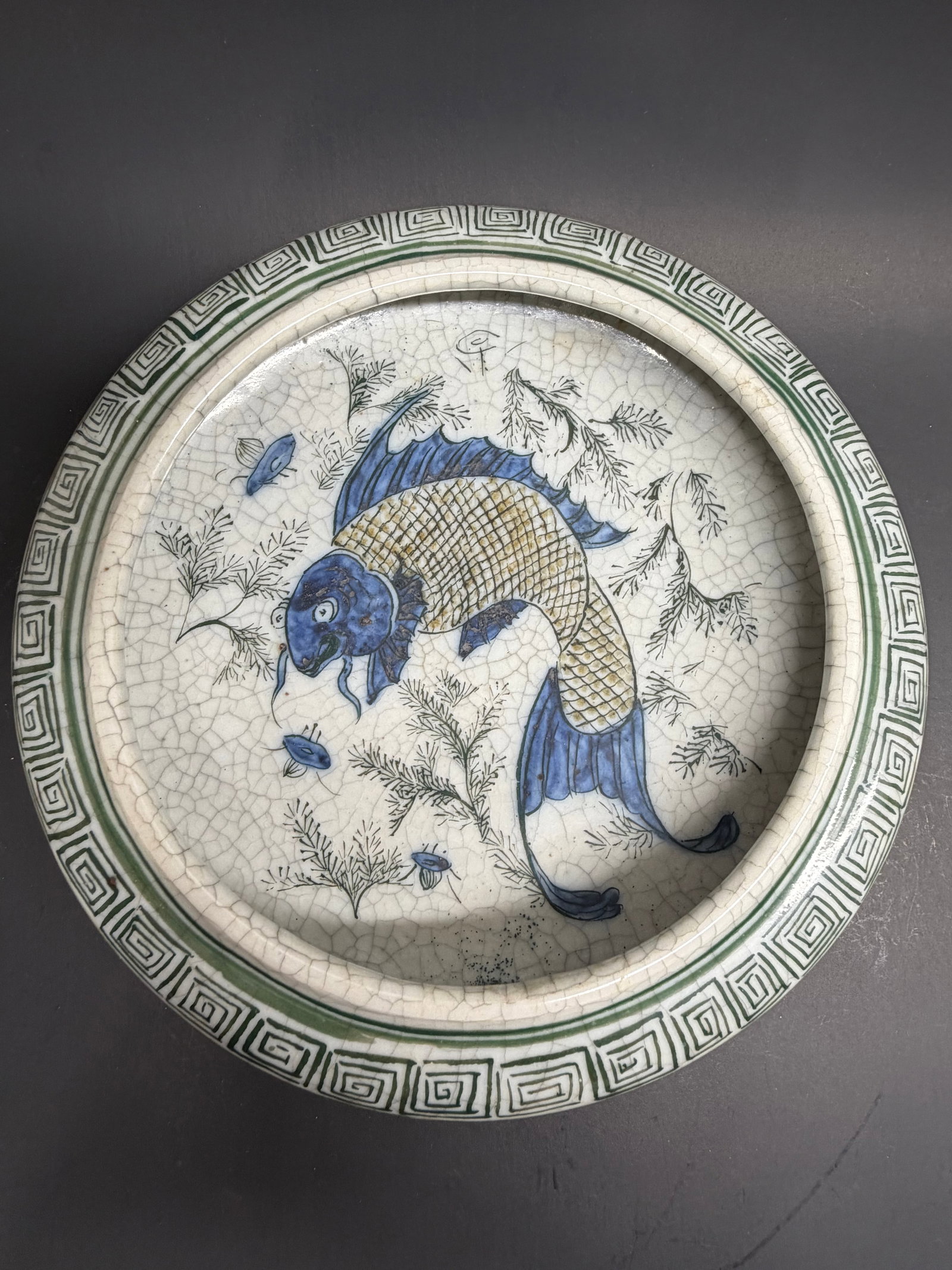 Chinese Republic Period 9" bowl with blue and green carp with crackle glaze. : Chinese Republic Period 9" bowl with blue and green carp with crackle glaze. 9" wide by 2" tall
