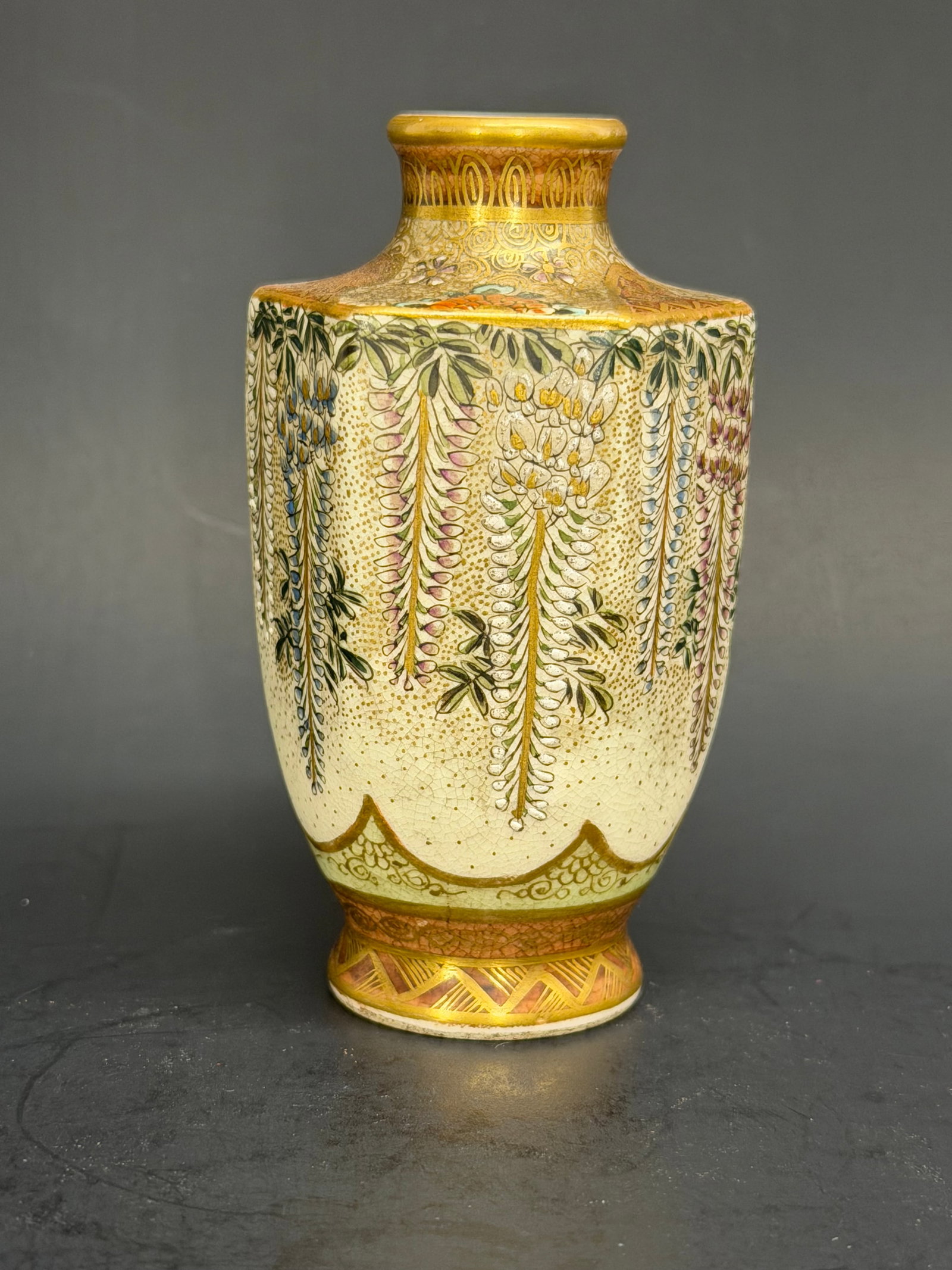Japanese Meiji Period Kinkozan Satsuma 6 sided vase with Wisteria Signed 4" tall  (1 of 17)