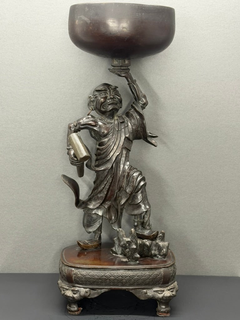 Japanese Meiji Period 23" tall bronze depicting a Rakan holding a large bowl (temple bell) and a car (1 of 19)