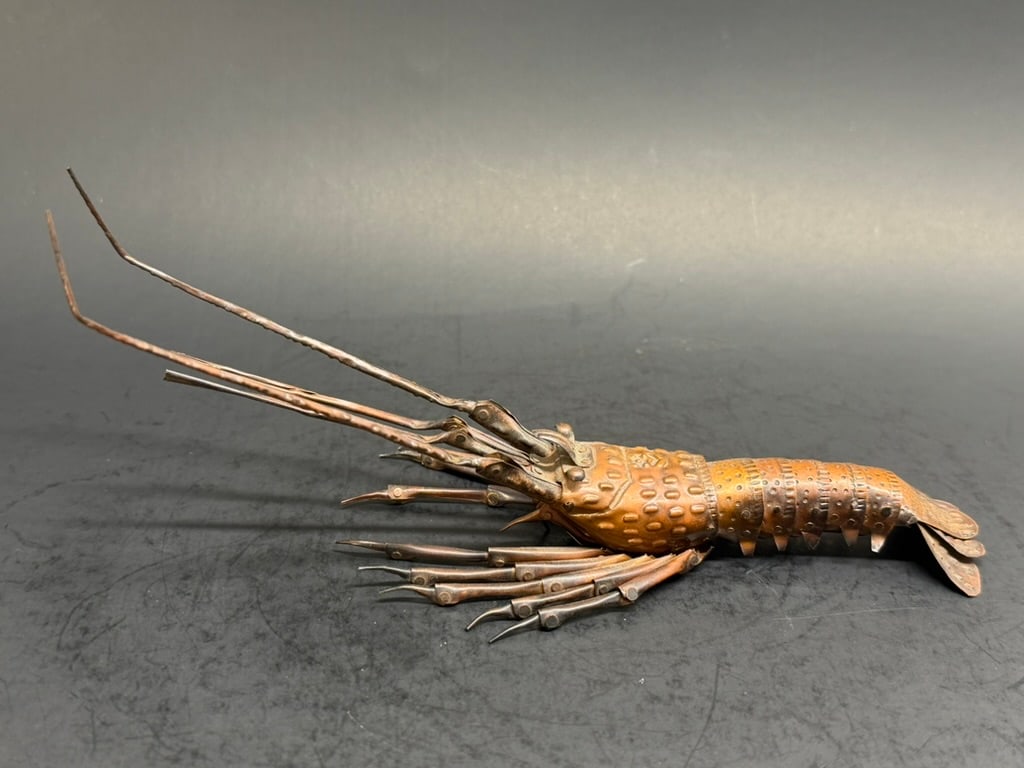 Japanese Meiji Period Articulated copper prawn signed Hiroyoshi Myochin: Japanese Meiji Period Articulated copper prawn signed Hiroyoshi Myochin. 8'' fully extended by w" wide