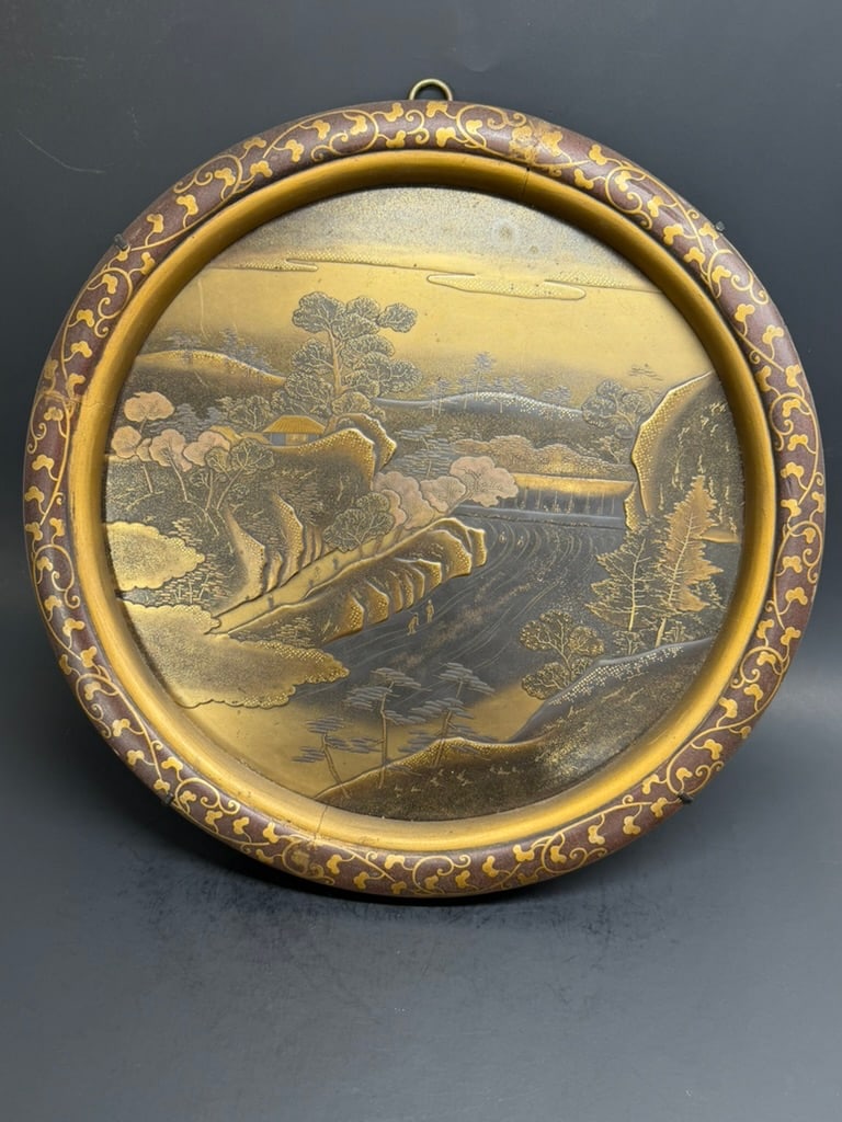 Japanese Meiji Period lacquer wall hanging landscape plaque 14 1/4" : Japanese Meiji Period lacquer wall hanging landscape 14 1/4" plaque. Multiple techniques were used in the creation of this piece including layering which really gives this piece depth. A truly beautif