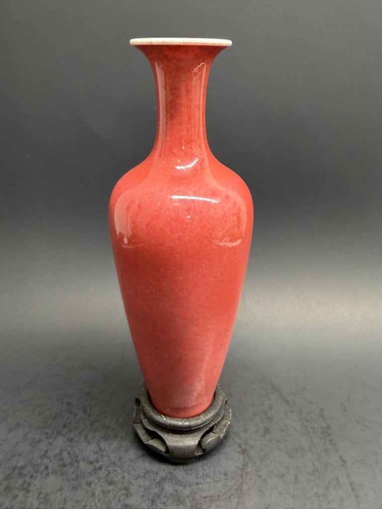 Chinese Late 19th Century Peachbloom Glaze Amphora Vase with Kangxi Reign Marks. 7 3/8" (1 of 19)