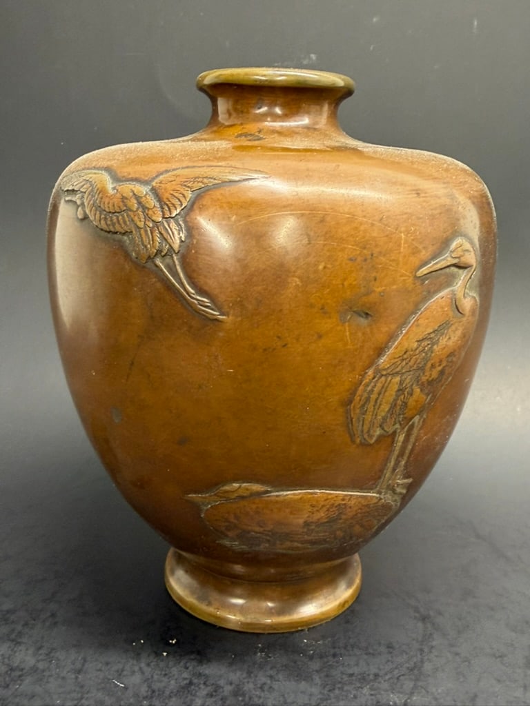 Japanese Edo Period High relief bronze vase with cranes unsigned. 5 7/8" 19th century. (1 of 20)