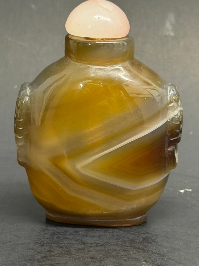 Chinese Qing Dynasty Carved Agate Snuff Bottle with lion heads on shoulders (1 of 19)