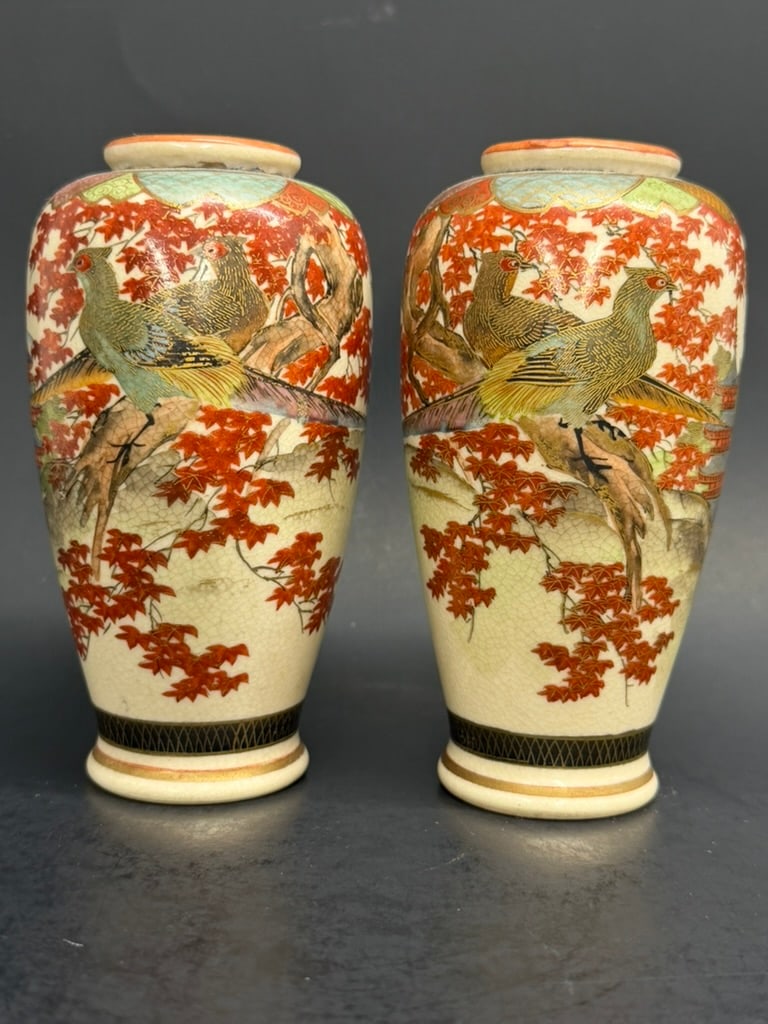 Pair of 4 3/4" Taisho Period Satsuma Vases Signed (1 of 18)