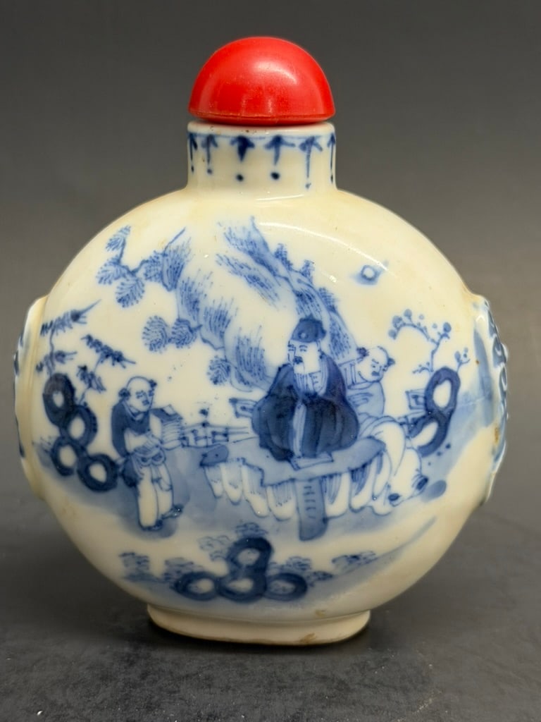 Chinese 19th Century Porcelain Blue and White Snuff Bottle with Qianlong Reign Mark. LARGE: Large Chinese 19th Century Porcelain Blue and White Snuff Bottle with Qianlong Reign Mark. 3 3/4'' tall by 3 3/8" wide by 1 1/2".