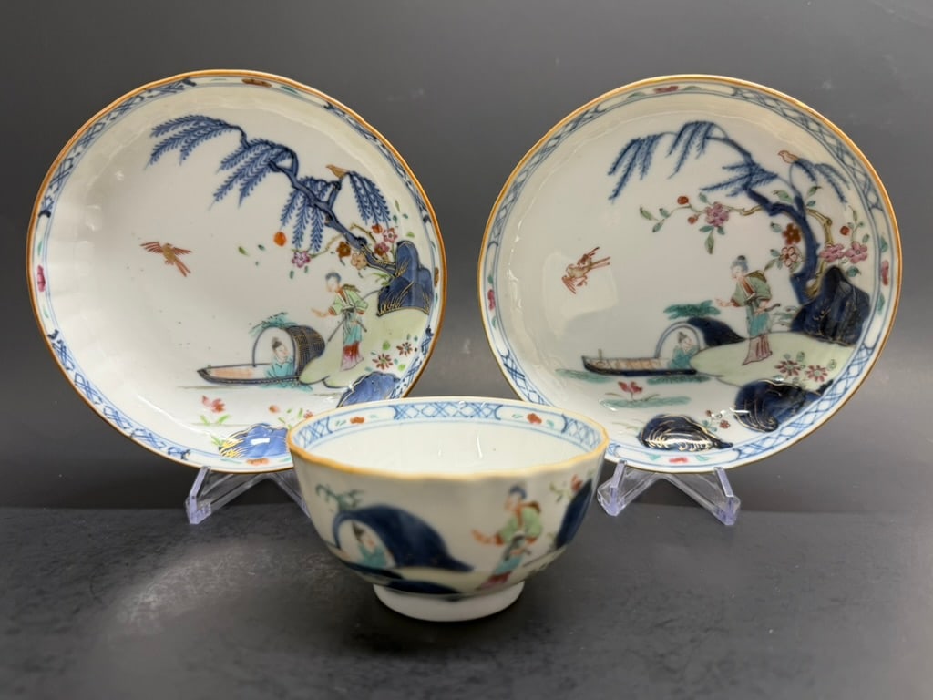 Chinese Export Porcelain Famille Rose Tea Cup and Pair of Saucers. Unique 3 Piece Lot, Early 18th Ce: Unique 3 Piece Lot of Early 18th Century Chinese Export Porcelain Famille Rose Tea Cup and Pair of Saucers. Cup is 3 1/4" in diameter by 1 3/4" deep, Saucers are 5 1/4" by 1"