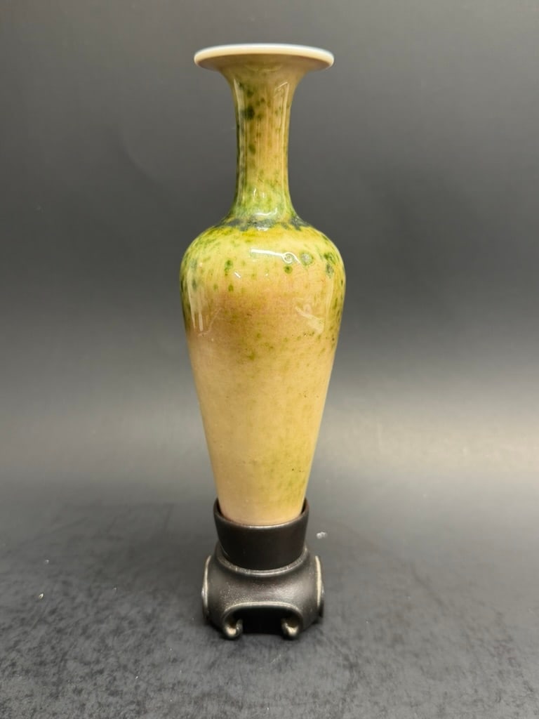 Qing Dynasty 7 1/4" tall Peach Bloom Amphora Vase On Stunning Wood Stand with Kangxi Reign Marks RAR (1 of 20)