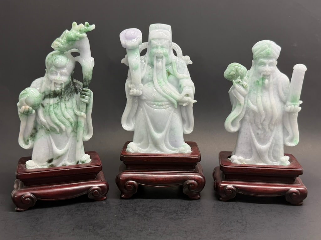 3 Chinese 8" tall Jadeite Jade Fu Lu Shou Carvings representing the Chinese gods of fortune, prospe (1 of 20)