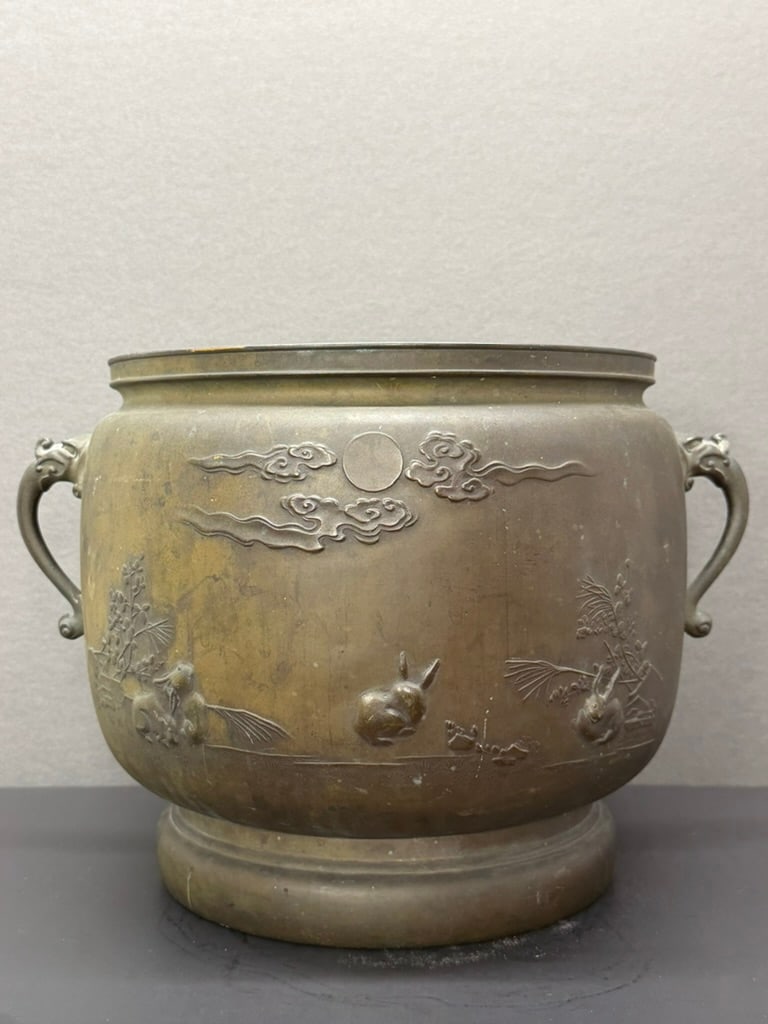 Japanese Edo Period Bronze Brazier with High relief decorations, 4 rabbits playing under the moon an (1 of 16)