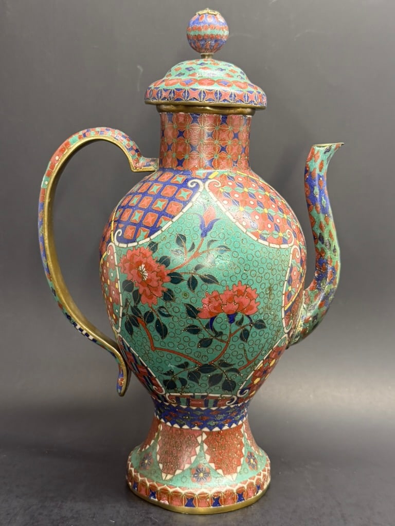 Japanese Edo period Cloisonne Teapot Circa 1840 with floral panels and geometric patterns.: Early Japanese Cloisonne Teapot Circa 1840 with floral panels and geometric patterns. 11 1/2'' tall by 7" handle to spout, 5" wide