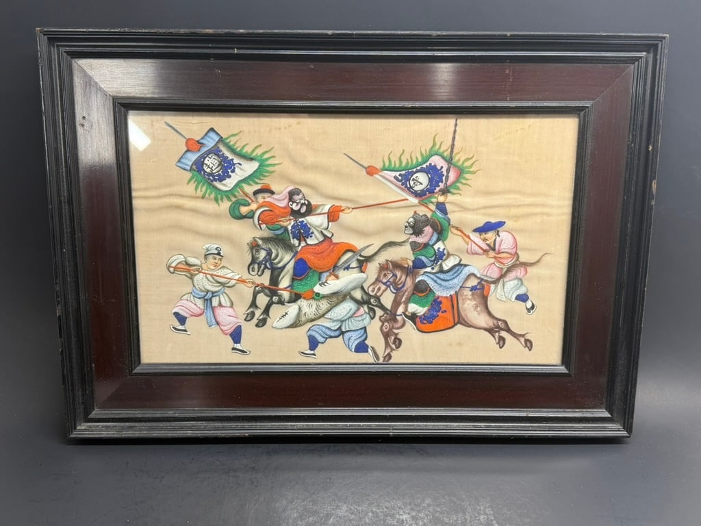 Chinese Qing Dynasty Pith painting depicting Zhou Kuangyin's battle of Hunan Zan, a famous story in : 19th Century Chinese Qing Dynasty Pith painting depicting Zhou Kuangyin's battle of Hunan Zan, a famous story in many traditional operas. Image is 11 1/2'' by 6 5/8", Frame is 15 3/8" by 10 5/16"