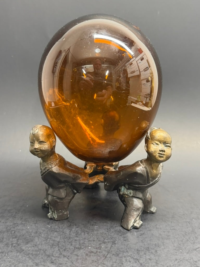 Chinese Cultural Revolution Bronze of 3 children holding hands as a stand holding up a brown hand bl (1 of 14)