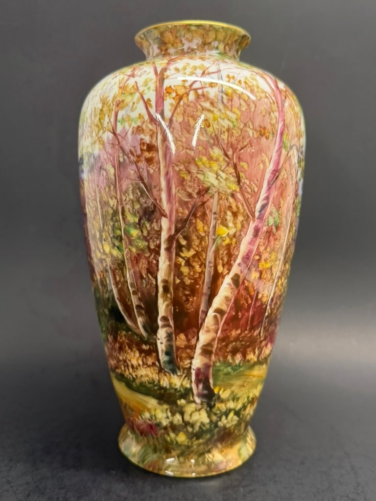 Japanese hand painted Noritake Nippon Toki Kaisha vase Signed J. Seho: Beautiful Showa period hand painted Noritake vase depicting a rural wooded landscape scene with a flowing river and mountains in the background. Signed by J.Seho 9 1/2'' tall by 5" wide at shoulder