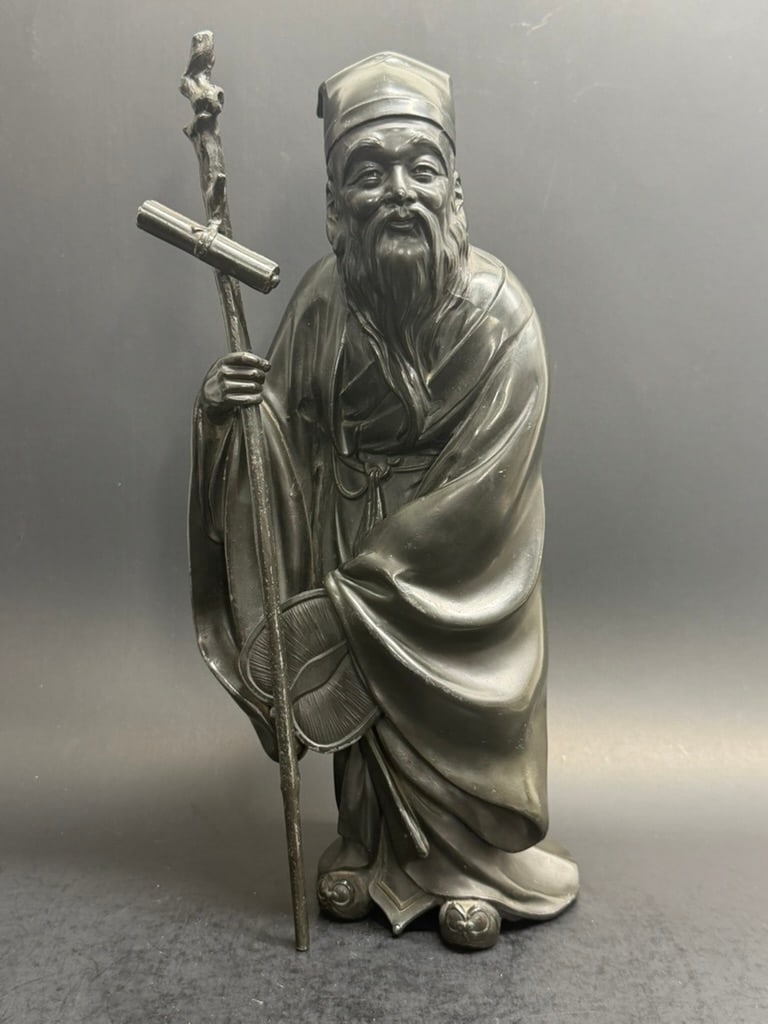 Japanese Meiji Period Bronze over Antimony statue of Jurojin, god of longevity: Meiji Period Bronze over Antimony statue of Jurojin, god of longevity 11" tall by 5" wide by 2 1/2"