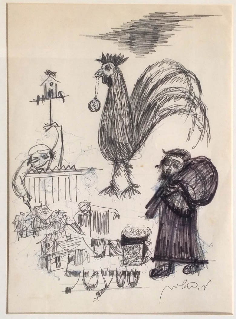 MOSHE BERNSTEIN Hand Signed Drawing Stetel Judaica (1 of 1)