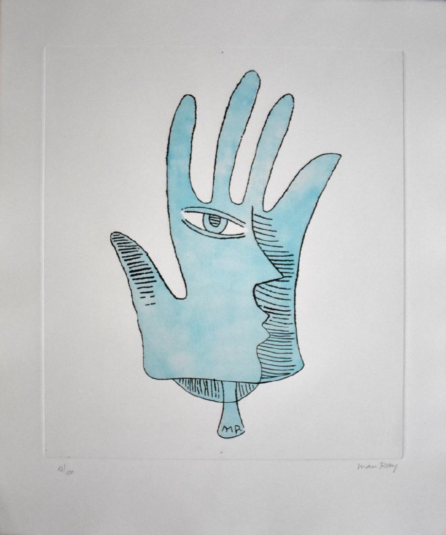 MAN RAY Original Hand Signed and Numbered Aquatint 1972: MAN RAY 1890-1976 (Radnitzky Emmanuel) Philadelphia 1890-1976 Paris (American) Title: The Blue Hand | La Main Bleue, 1971 Technique: Original Hand Signed and Numbered Etching and Aquatint in Colours o
