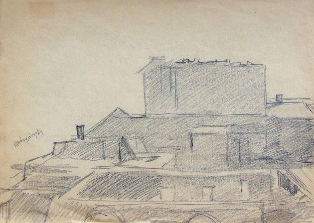 LASZLO BARO MEDNYANSZKY Hand Signed Drawing Hungarian: LASZLO BARO MEDNYANSZKY 1852-1919 Beck—, Slovakia 1852-1919 Vienna (Hungarian) Title: Rooftops, circa 1912 Technique: Original Hand Signed Pencil Drawing on Paper size: 26.6 x 37 cm / 10.5 x 14.5 in