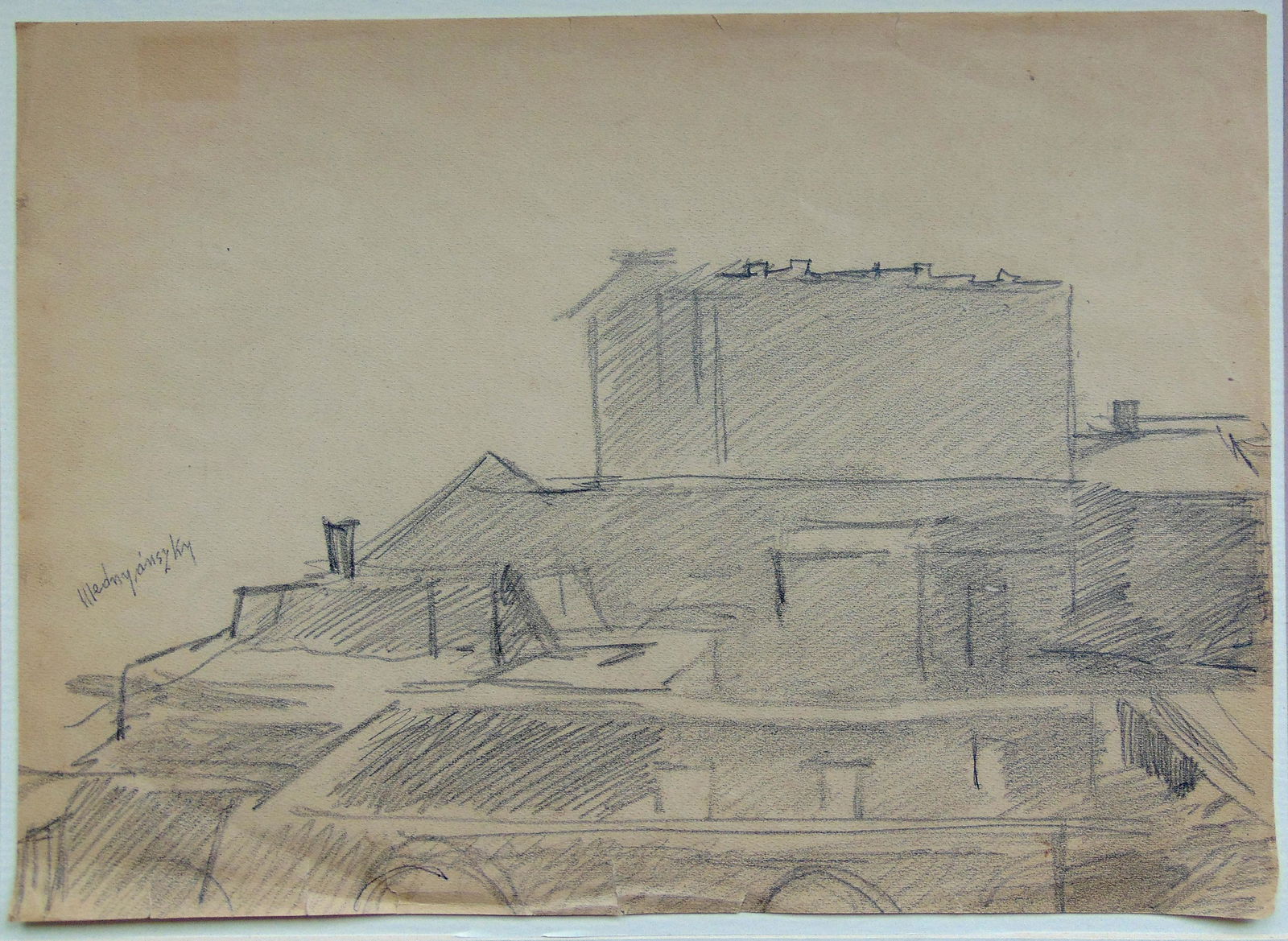 LASZLO BARO MEDNYANSZKY Hand Signed Drawing Hungarian: LASZLO BARO MEDNYANSZKY 1852-1919 Beckó, Slovakia 1852-1919 Vienna (Hungarian) Title: Rooftops, circa 1912 Technique: Original Hand Signed Pencil Drawing on Paper size: 26.6 x 37 cm / 10.5 x 14.5 in
