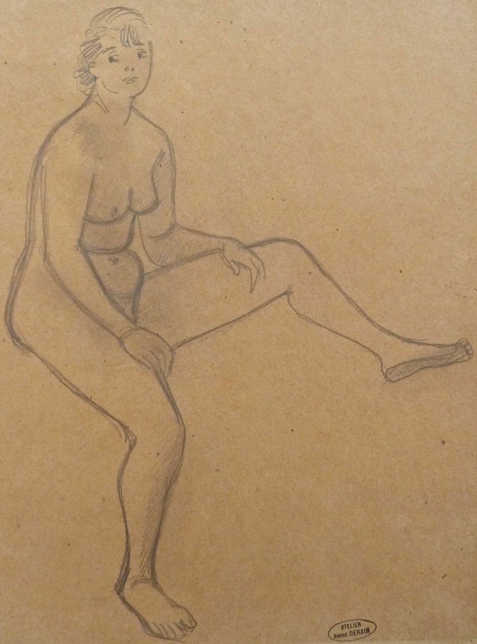 ANDRE DERAIN Stamped Drawing Fauvism French Art Nude: ANDRE DERAIN 1880-1954 Chatou, Paris 1880-1954 Garches Title: Sitting Nude Technique: Original Stamped Pencil Drawing on Brown Paper size: 32.5 x 25.5 cm / 12.7 x 10 in Additional Information: This is