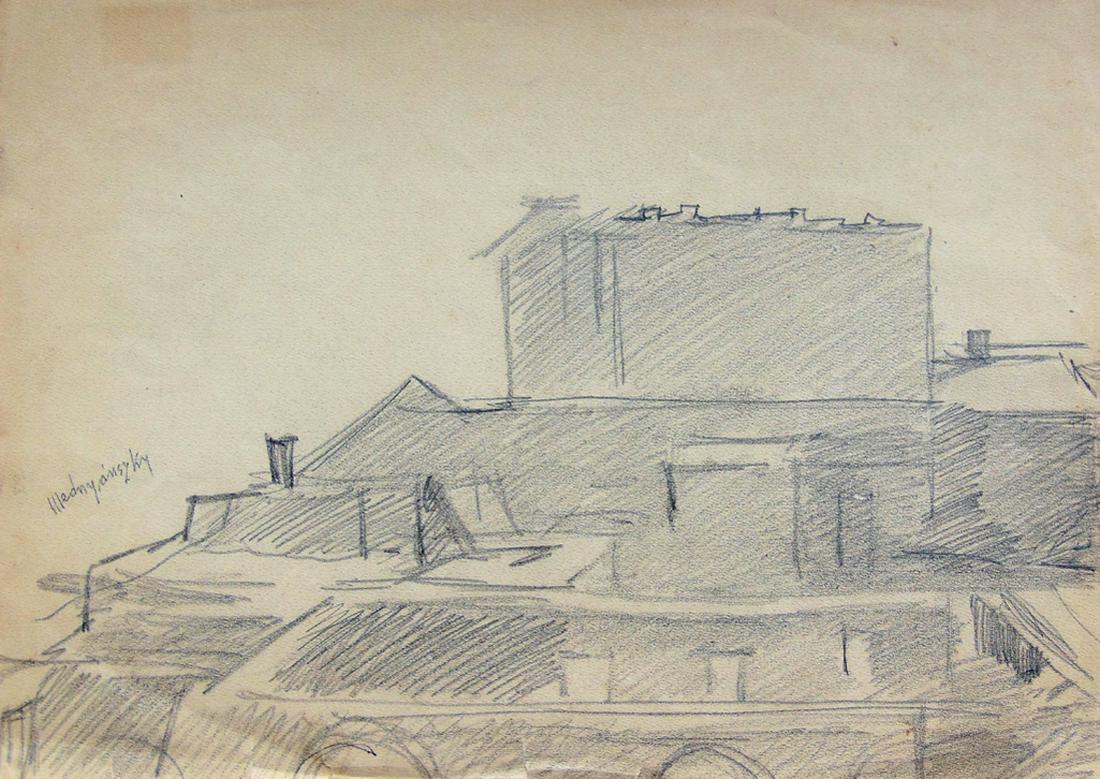 LASZLO BARO MEDNYANSZKY Hand Signed Drawing Hungarian: LASZLO BARO MEDNYANSZKY 1852-1919 Beckó, Slovakia 1852-1919 Vienna (Hungarian) Title: Rooftops, circa 1912 Technique: Original Hand Signed Pencil Drawing on Paper size: 26.6 x 37 cm / 10.5 x 14.5 in