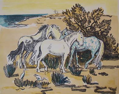 Y. BRAYER H.Signed Lithograph Horses French: YVES BRAYER Versailles 1907-1990 (French) Four White Horses Original Hand Signed and Inscribed Colour Lithograph Title: Four White Horses. Technique: Original Colour Lithograph on Arches vellum