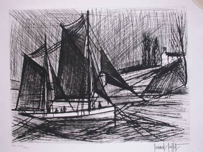 BERNARD BUFFET Signed Etching French: BERNARD BUFFET Paris 1928 - 1999 Salernes/Tourtour (French) Le Thonier - 1980 Original Hand Signed and Numbered Etching Title : Le Thonier. Technique : Original Dry Point Etching (Pointe Seche)