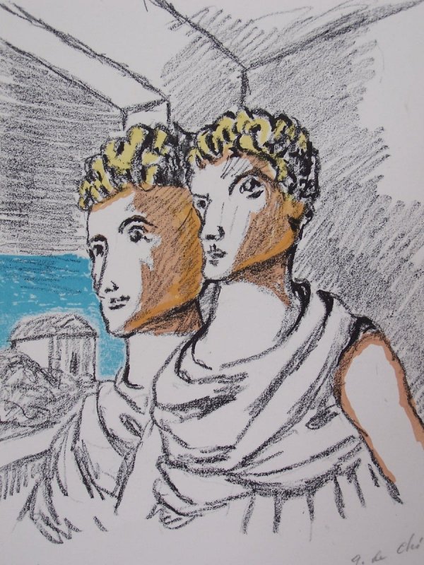 G. DE CHIRICO H.Signed Litho Italian Surrealism: GIORGIO DE CHIRICO Vólos, Greece 1888 - 1978 Rome (Italian) Two Roman Faces - circa 1970 Original Hand Signed and Numbered Color Lithograph Title: Two Roman Faces. Technique: Original Color Lithograp