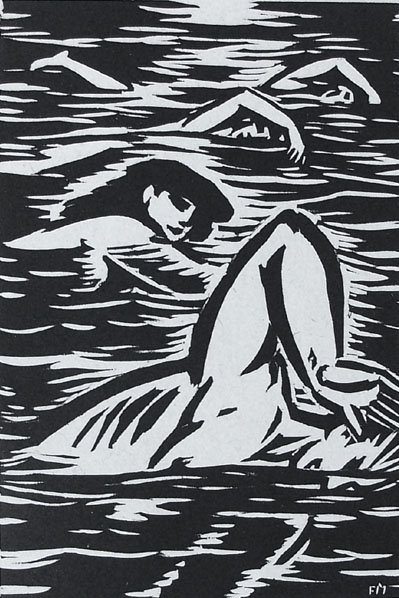 FRANZ MASEREEL- Woodcut-Surrealism Belgian Art: FRANS MASEREEL Blankenberge 1889 - 1972 Avignon (Belgian) Swimming - Competition Original Hand Signed Woodcut Title : Swimming - Competition. Technique : Original Woodcut on paper. Paper size : 28 X 2