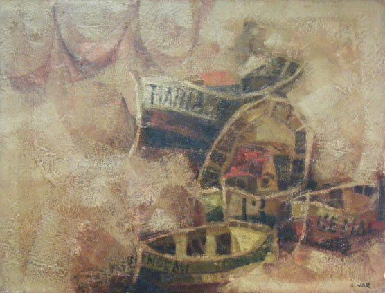 SUNOL ALVAR Oil Painting Spanish Art 1965: SUÑOL MUÑOZ RAMOS ALVAR Born in Montgat, Spain 1935 (Spanish) Boats at Sea - circa 1965 Original Hand Signed Oil Painting Title: Boats at Sea Technique: Original Oil painting on canvas Work size : 5