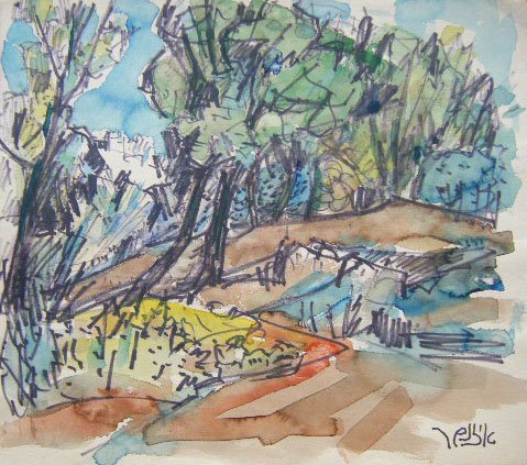 J. EISENSCHER Watercolor Israeli Cubism: JACOB EISENSCHER Czernowitz 1896 - 1960 (Israeli) Treelined Landscape Original Stamped Signed Watercolor and Pencil Drawing Title : Treelined Landscape. Technique : Original Watercolor and felt-pen on