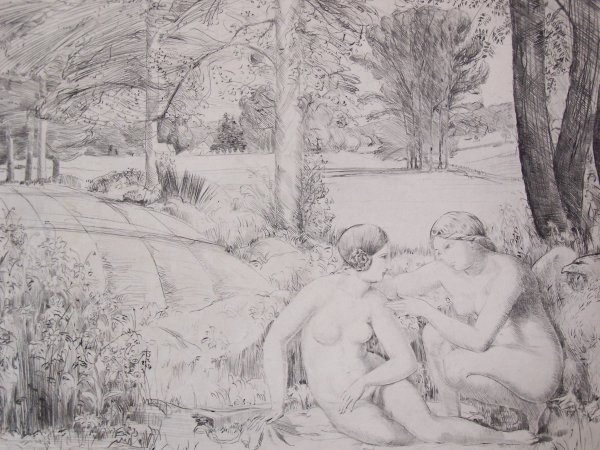 RENE LOUIS BIGNON Sig Etching French: RENE LOUIS BIGNON 20th Century (French) Two Nudes in the Landscape of Versailles Original Hand Signed Etching Title : Two Nudes in the Landscape of Versailles. Technique : Original Etching on paper. P