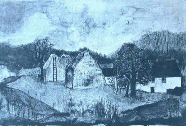 ANDRE MINAUX Litho 1950 French: ANDRE MINAUX 1923-1986 (French) Village Landscape - 1950 Original Hand Signed and Hand Inscribed Lithograph Title: Village Landscape. Technique: Original Lithograph with full margins on Velin d'Arches