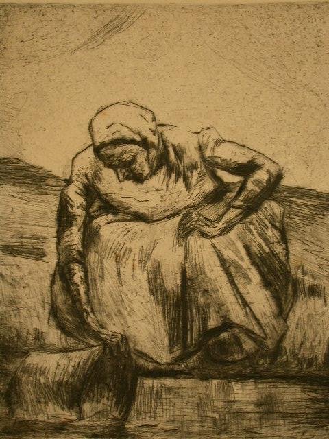 LESSER URY Signed Etching Impressionism: LESSER URY 1861 - 1931 (German) Waescherin/ Laundress Original Hand Signed Etching Title: Waescherin/ Laundress. Technique: Original Etching on thin paper. Paper size: 26 x 21 cm / 10.2 x 8.3 in Plate