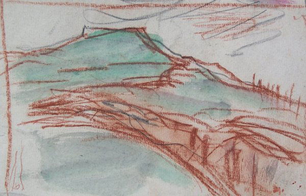 LASZLO MEDNYANSZKY Drawing Hungarian Art: LASZLO BARO MEDNYANSZKY (1852-1919) Beckó, Slovakia 1852 - 1919 Vienna (Hungarian) Title: Mountain Landscape. Technique: Original Stamped Signed Charcoal and Watercolor Drawing on paper. Work size: 1