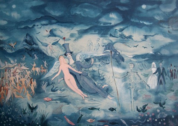 MARCEL MARCEAU Litho + Drawing Mime: MARCEL MARCEAU 1923-2007 (French) Title: Blue Underwater Dreamworld Technique: Original Hand Signed and Numbered Lithograph in colours with Small Flower Drawing on Arches vellum paper Paper Size: 54 x
