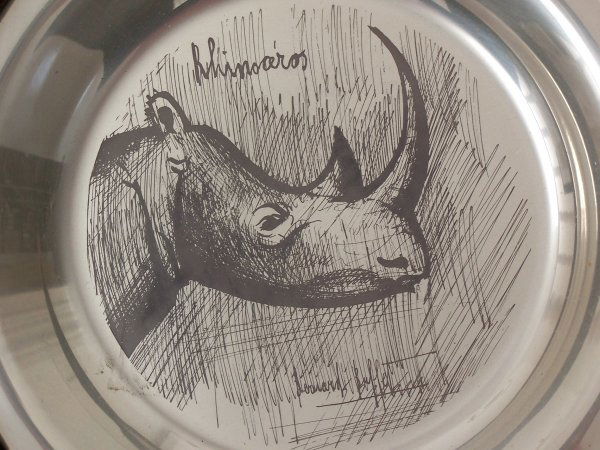 BERNARD BUFFET Silver Plate Rhino 1977: BERNARD BUFFET Paris 1928 - 1999 Salernes/Tourtour (French) Rhinoceros - 1977 Sterling Silver Plate Engraved with Dry-point Etching Title: Rhinoceros. Technique: Sterling Silver Plate Engraved with Et