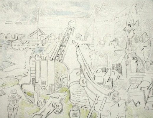FEDER ADOLPHE FEDER Cubist Etching Russian: ADOLPHE FEDER Odessa, Ukraine 1886 - 1943 Auschwitz-Birkenau (Ukraine/Russian) Cubistic Harbor - ca. 1920 Original Hand Signed and Inscribed Etching with Hand Coloring in Watercolor Title: Cubistic Ha