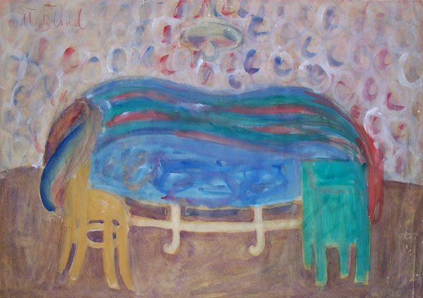 BLOND MAURICE BLOND Watercolor Russian Polish: MAURICE BLOND (Maurice Blumenkrantz)Lodz, Poland 1899 - 1974 Clamart, France (Polish/French) Interior - SofaOriginal Hand Signed Double Sided Watercolor and Drawing Title: Interior - Sofa. Technique: