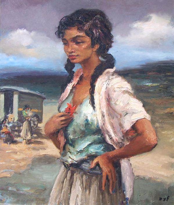 MARCEL DYF Hand Signed Oil Painting French Impre: MARCEL DYF 1899-1985 Paris 1899-1985 (French) Title: Portrait of a Gipsy Girl with a Poppy, circa 1955 Techinque: Original Hand Signed Oil Painting on canvas Work Size: 73 x 60 cm / 28.7 x 23.6 in Add
