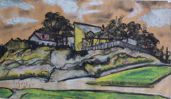 HUGO SCHEIBER Signed Painting Hungarian Art Cubi: HUGO SCHEIBER 1873-1950 1873 - Budapest - 1950 (Hungarian) Title: Countryhouse Technique: Original Hand Signed Pastel and Charcoal Drawing on brown paper Work size: 37 x 60 cm / 14.6 x 23.6 in Additio