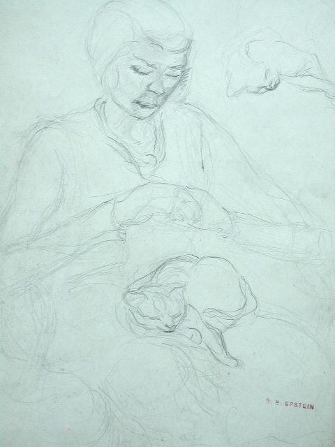 ELISABETH EPSTEIN S.Drawing Russian Art: ELISABETH A. EPSTEIN Early 20th Century (Russian) Woman and Cat Original Stamp Signed Pencil Drawing Title: Woman and Cat Technique: Original Pencil drawing on paper. Canvas size: 26.5 x 18 cm / 10.4 