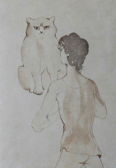 LEONOR FINI H.Signed Etching French: LEONOR FINI 1908-1996 Buenos Aires 1908-1996 Paris Title: Man Standing in front of Big Cat Technique: Original Hand Signed and Inscribed Etching in Colours on Japon paper Paper Size: 32 x 25 cm / 12.6